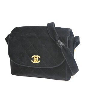 CHANEL CC Logo Mini Matelasse Shoulder Bag Suede Leather Black Gold 691RL199